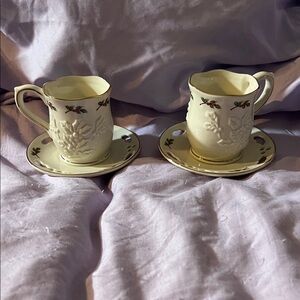 Partylite Floral Embossed Cream Mugs with Saucers-NWOT